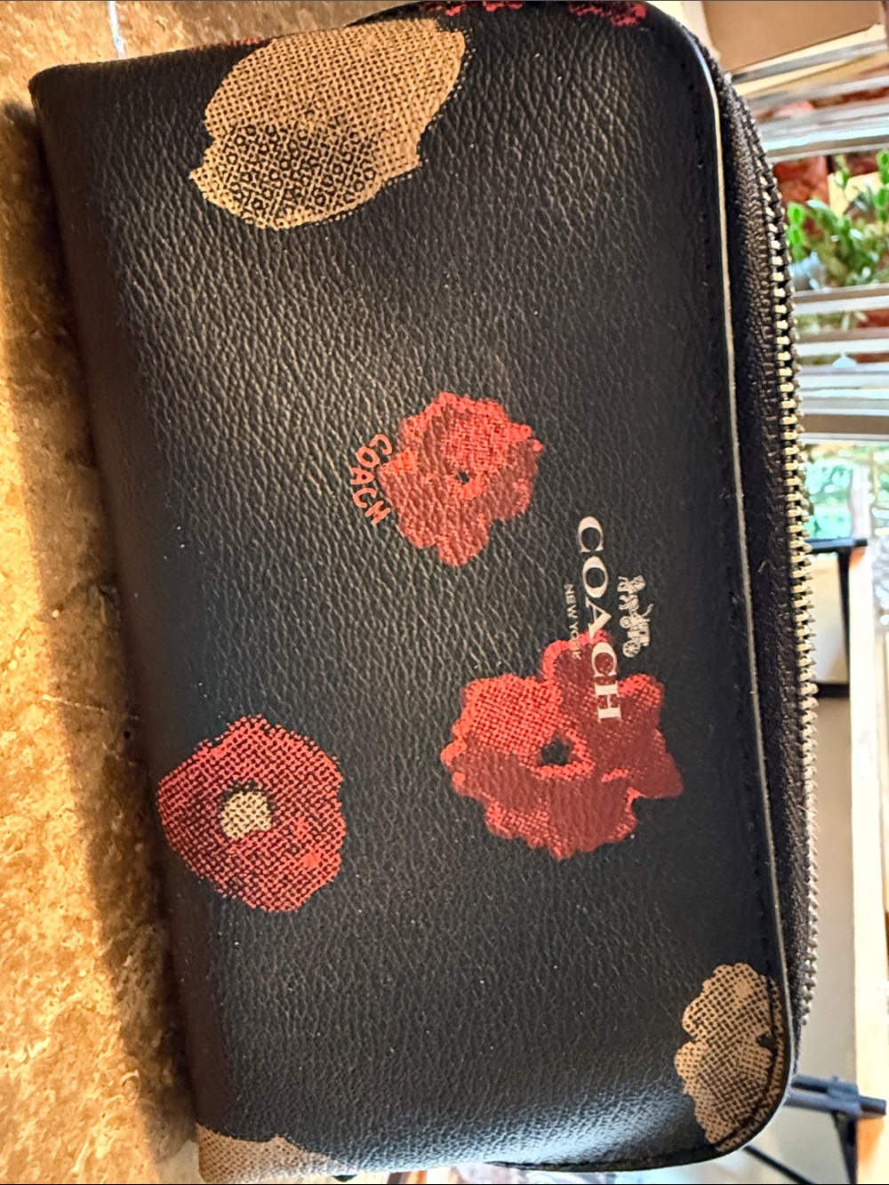 Coach Black Leather Zip cosmetic pouch with Red and Tan Floral Print